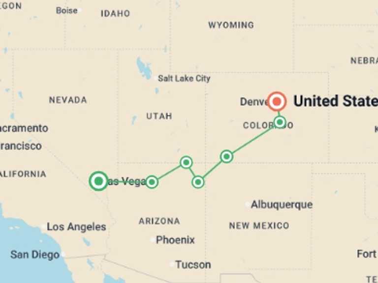 Map itinerary of Denver Tour in October 2027 with 7 destination visits for the trip: Southwest USA Canyons & Cultures