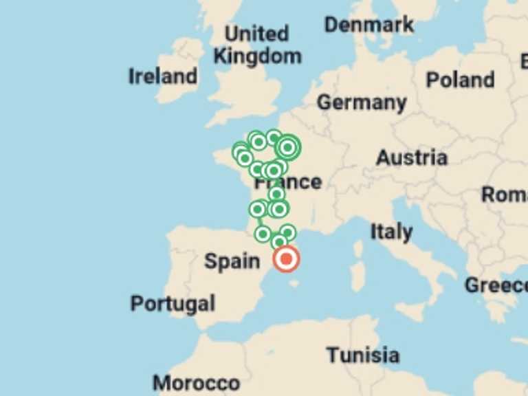 Map of Europe Tour with 10 destination visits for the trip: Lovely France with Barcelona