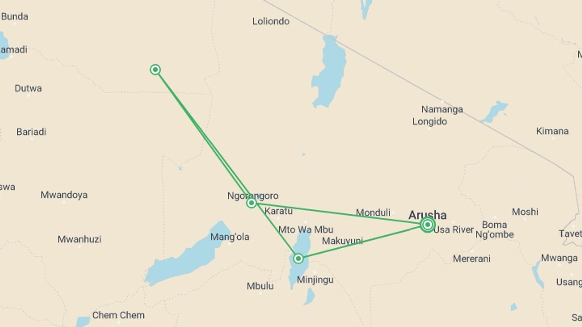 A map showing the tour itinerary for the trip: Picturesque Solo Tanzania Tour, starting in Arusha, Tanzania and ending in Ngorongoro Crater, Tanzania going through 3 other destinations.