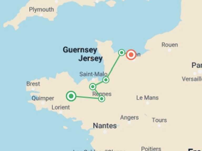 Map of Europe Tour with 7 destination visits for the trip: Cycle Northern France: Brittany to Normandy