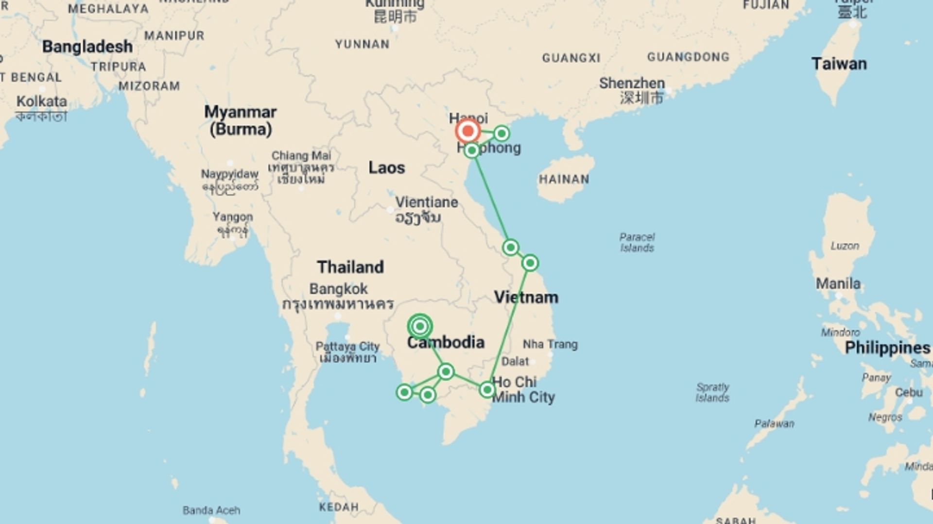 A map showing the tour itinerary for the trip: Cambodia & Vietnam Explorer, starting in Siem Reap, Cambodia and ending in Hanoi, Vietnam going through 8 other destinations.