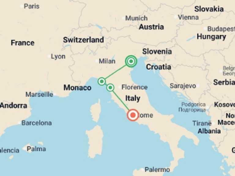 Map itinerary of Venice Tour in March 2027 with 4 destination visits for the trip: Northern Italy Family Holiday