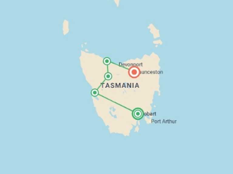 Map itinerary of Oceania Tour in September 2026 with 5 destination visits for the trip: Tassie's Wilderness Icons