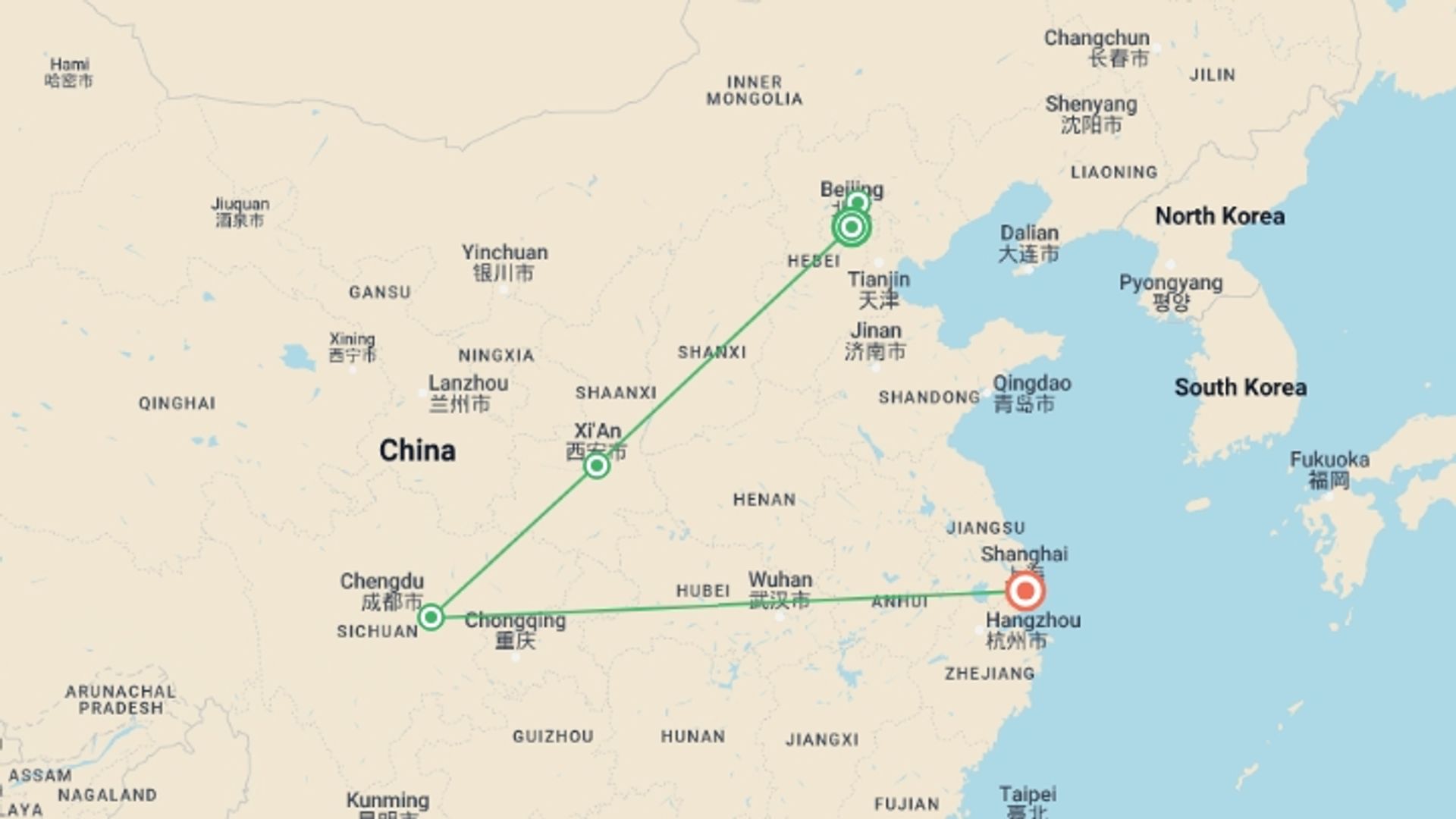 A map showing the tour itinerary for the trip: Essence of China: Ancient Wonder and Pandas, starting in Beijing, China and ending in Shanghai, China going through 3 other destinations.