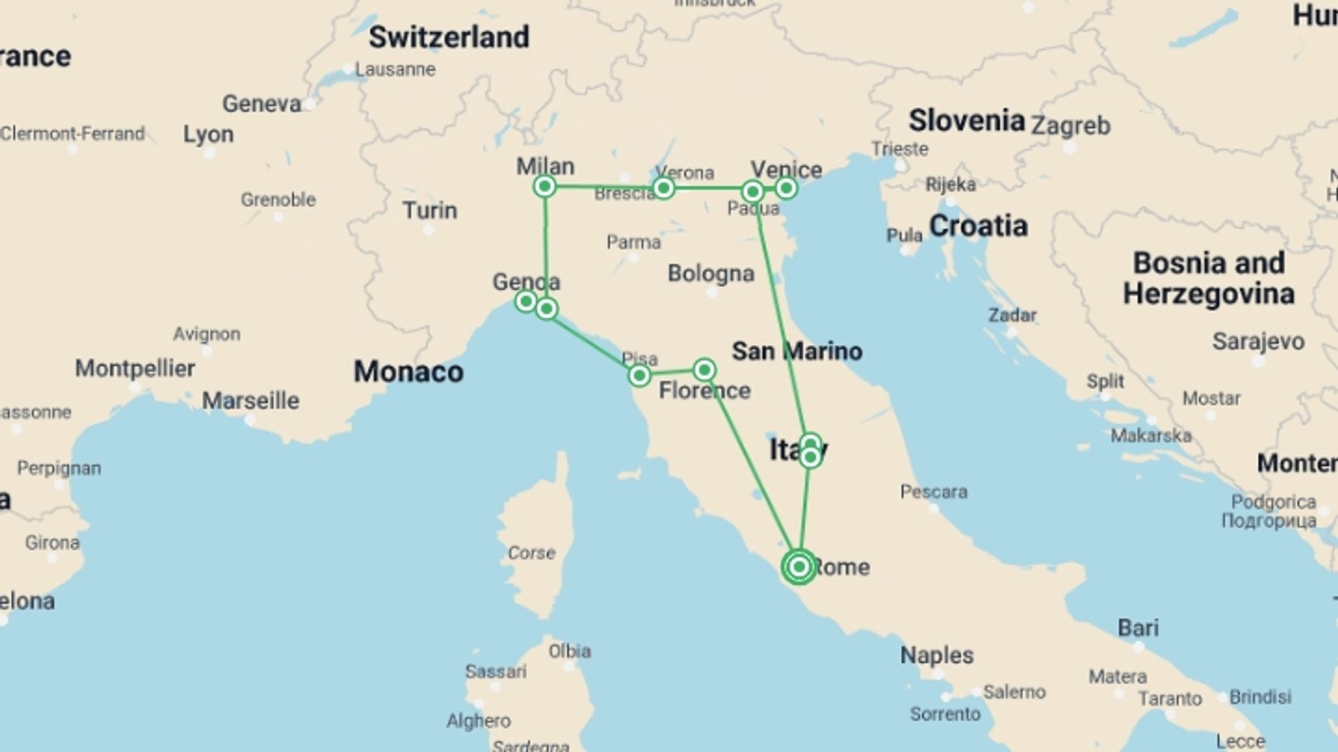 A map showing the tour itinerary for the trip: Italian Treasures, starting in Rome, Italy and ending in Rome, Italy going through 7 other destinations.