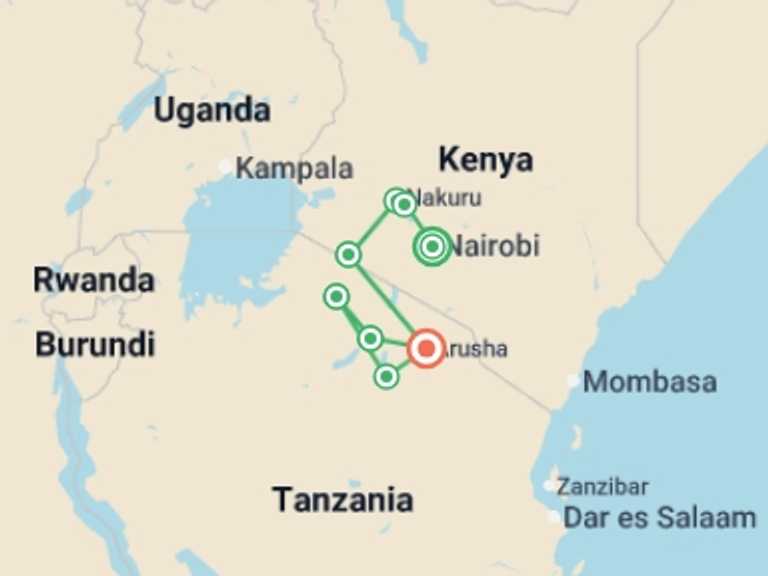 Map of 13-Day Nairobi Tour with 9 destination visits for the trip: Kenya & Tanzania Trails - 13 days