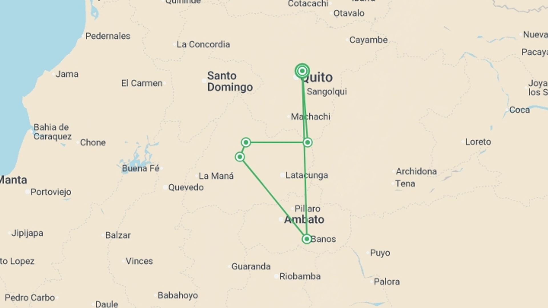 A map showing the tour itinerary for the trip: Natural Ecuador Adventure 7D/6N, starting in Quito, Ecuador and ending in Quito, Ecuador going through 3 other destinations.