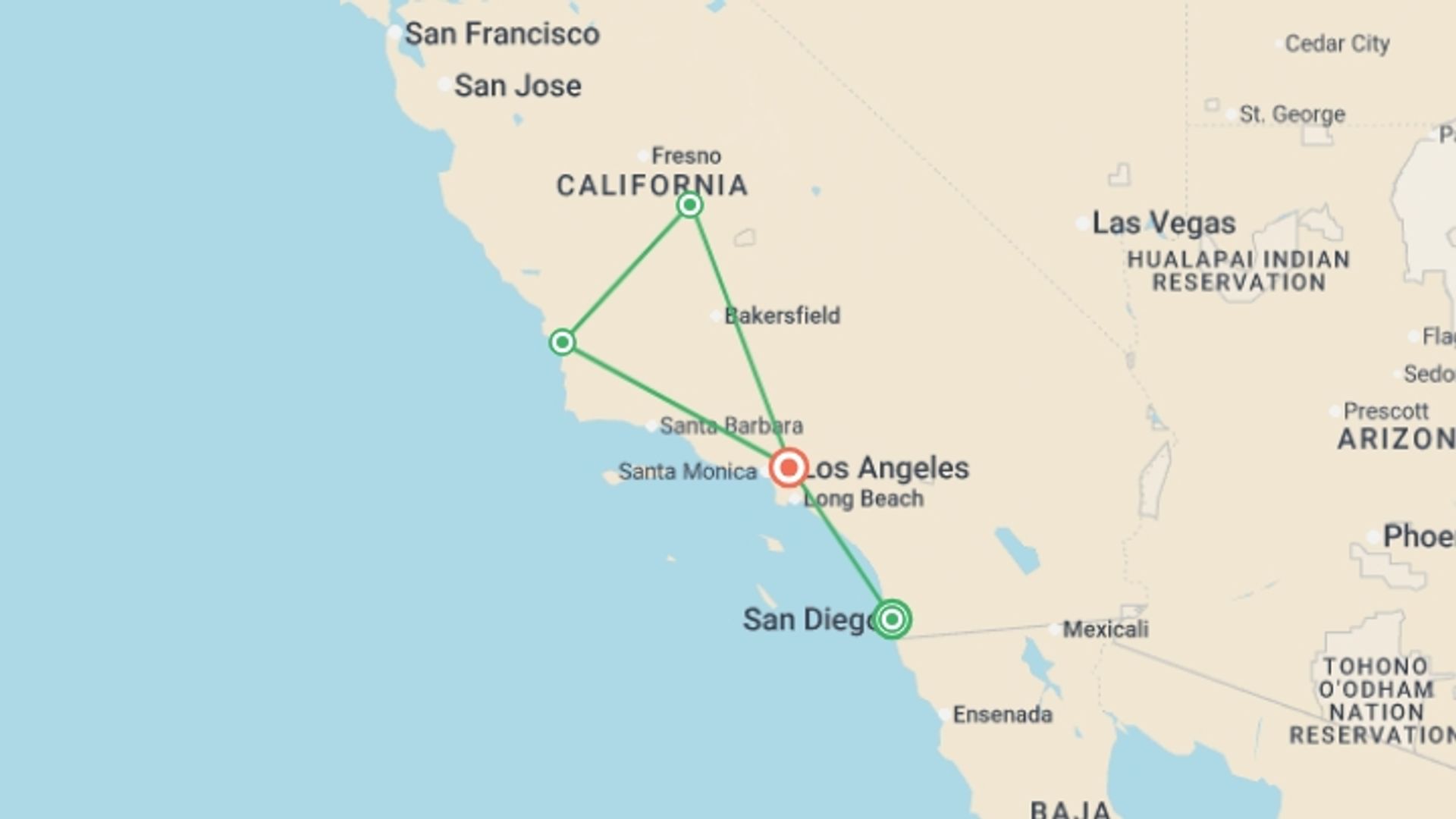 A map showing the tour itinerary for the trip: Sequoia and Kings Canyon National Parks, starting in San Diego, USA and ending in Los Angeles, USA going through 2 other destinations.