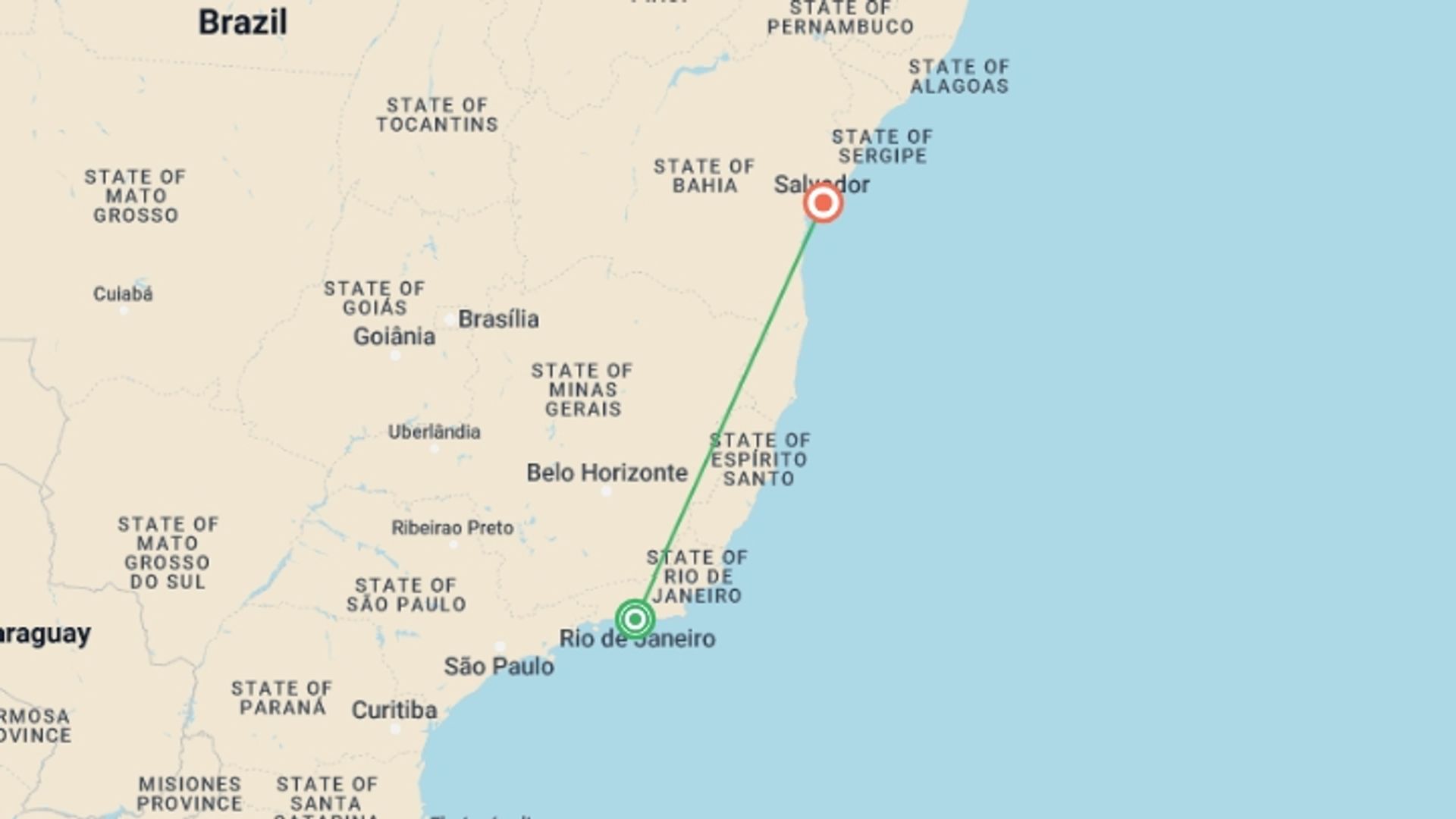 A map showing the tour itinerary for the trip: 9 days in Rio de Janeiro and Salvador, starting in Rio de Janeiro, Brazil and ending in Salvador, Brazil going through 0 other destinations.