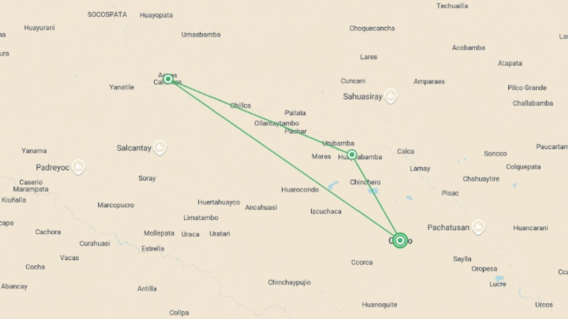 A map showing the tour itinerary for the trip: Machu Picchu Express - 5 days, starting in Cusco, Peru and ending in Cusco, Peru going through 2 other destinations.