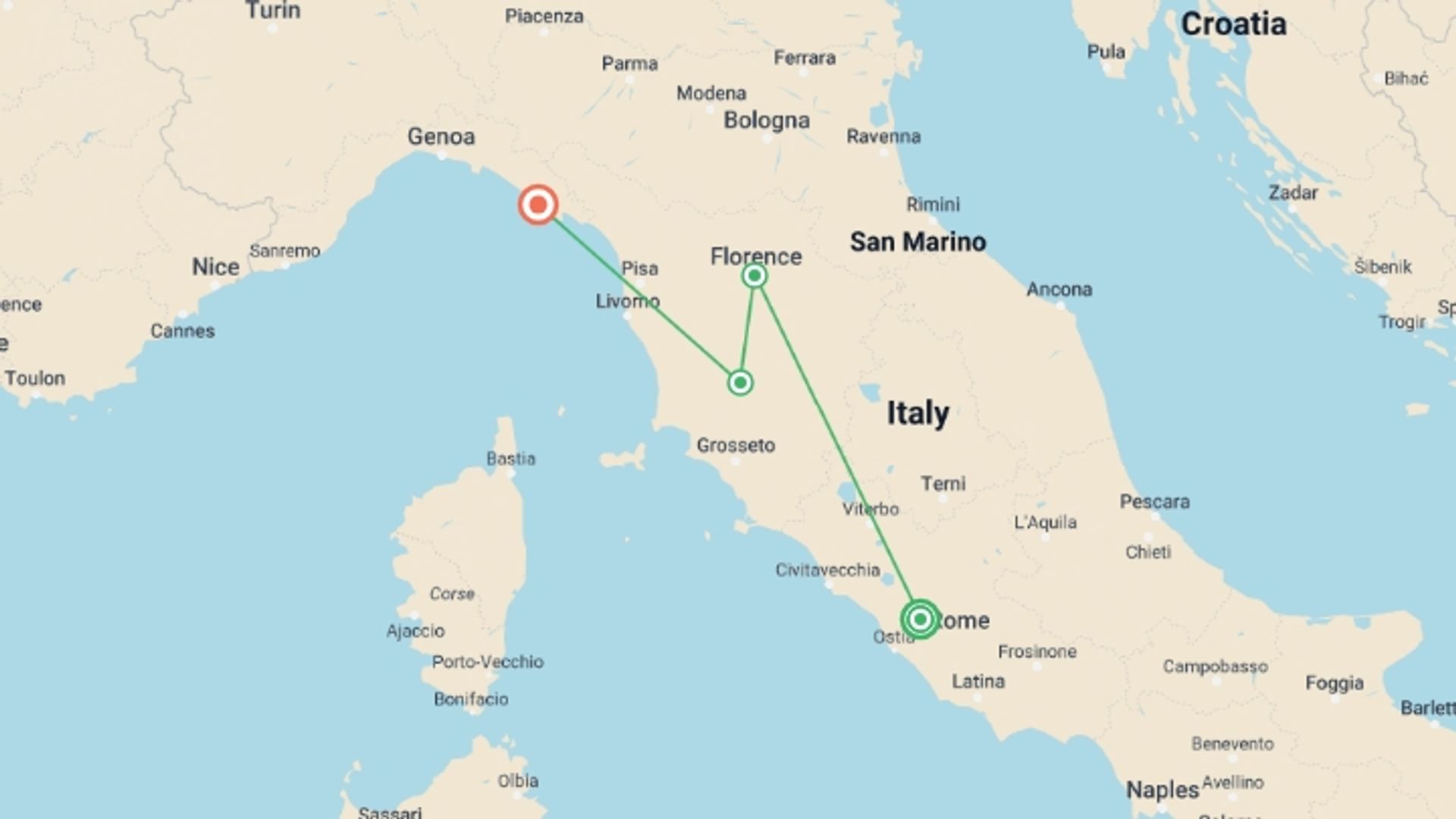 A map showing the tour itinerary for the trip: Flavours of Tuscany & Cinque Terre, starting in Rome, Italy and ending in Monterosso, Italy going through 3 other destinations.