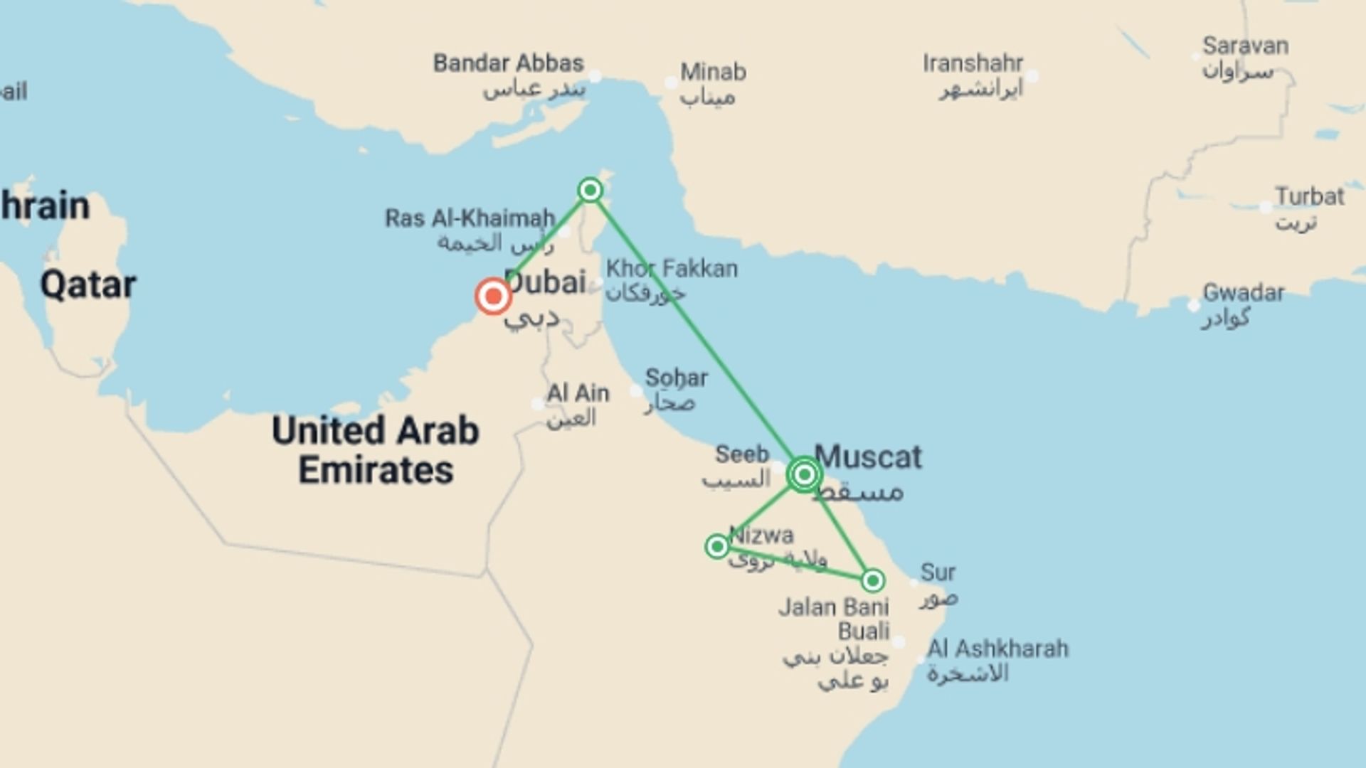 A map showing the tour itinerary for the trip: Jewels of Oman Tour Package, starting in Muscat, Oman and ending in Khasab, Oman going through 3 other destinations.