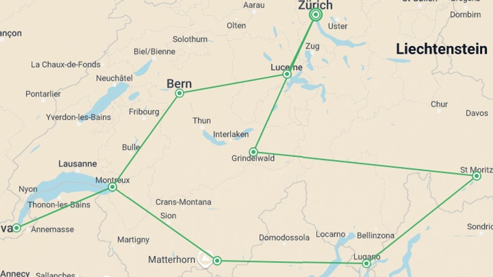 A map showing the tour itinerary for the trip: Country Roads of Switzerland, starting in Zurich, Switzerland and ending in Zurich, Switzerland going through 6 other destinations.