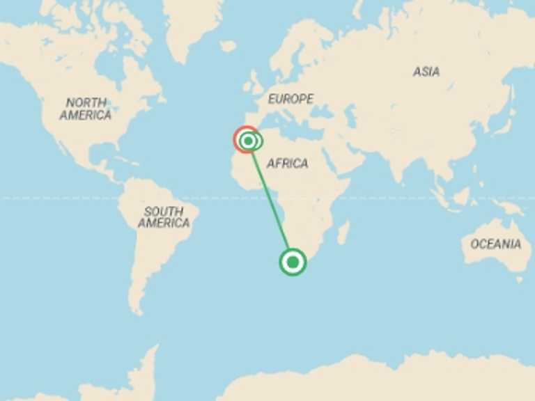 Map itinerary of Southern Africa Tour in December 2026 with 7 destination visits for the trip: MARRAKECH to MARRAKECH (12 days) Souks, Sand Dunes