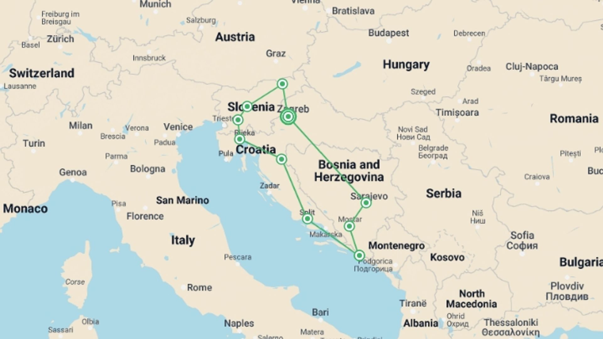 A map showing the tour itinerary for the trip: Highlights of Croatia Bosnia and Slovenia, starting in Zagreb, Croatia and ending in Zagreb, Croatia going through 5 other destinations.