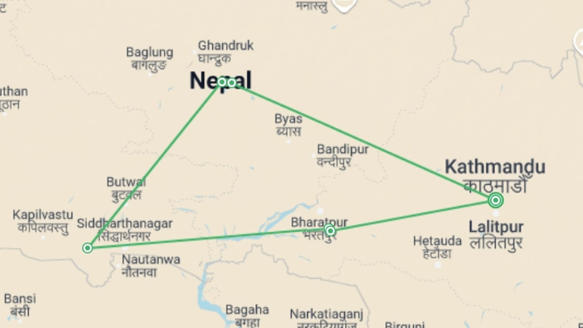A map showing the tour itinerary for the trip: Explore Nepal in a Week: Seven Day Tour, starting in Kathmandu, Nepal and ending in Kathmandu, Nepal going through 4 other destinations.