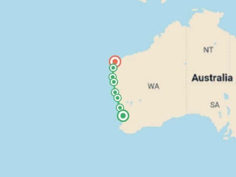 Map itinerary of Oceania Tour in August 2027 with 6 destination visits for the trip: West Coast Adventure (Northbound)