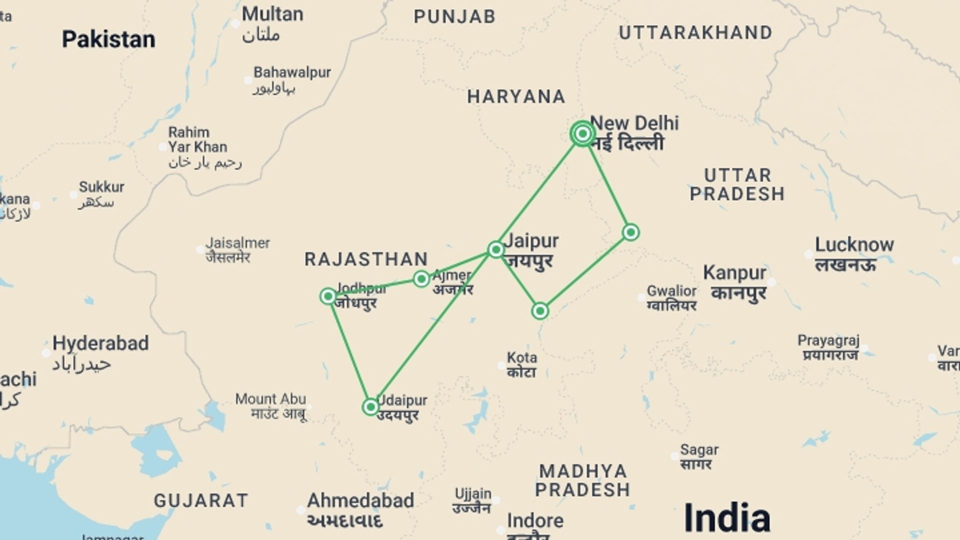 A map showing the tour itinerary for the trip: Road to Rajasthan - 13 days, starting in New Delhi, India and ending in New Delhi, India going through 6 other destinations.