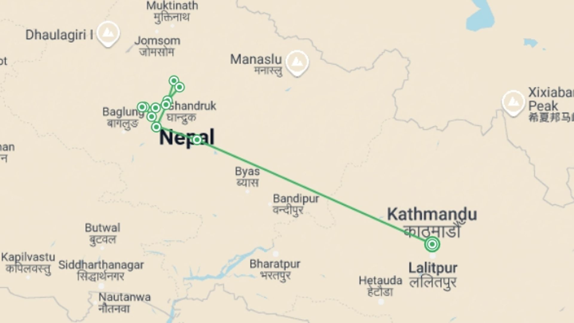 A map showing the tour itinerary for the trip: Annapurna Base Camp Trek, starting in Kathmandu, Nepal and ending in Kathmandu, Nepal going through 9 other destinations.