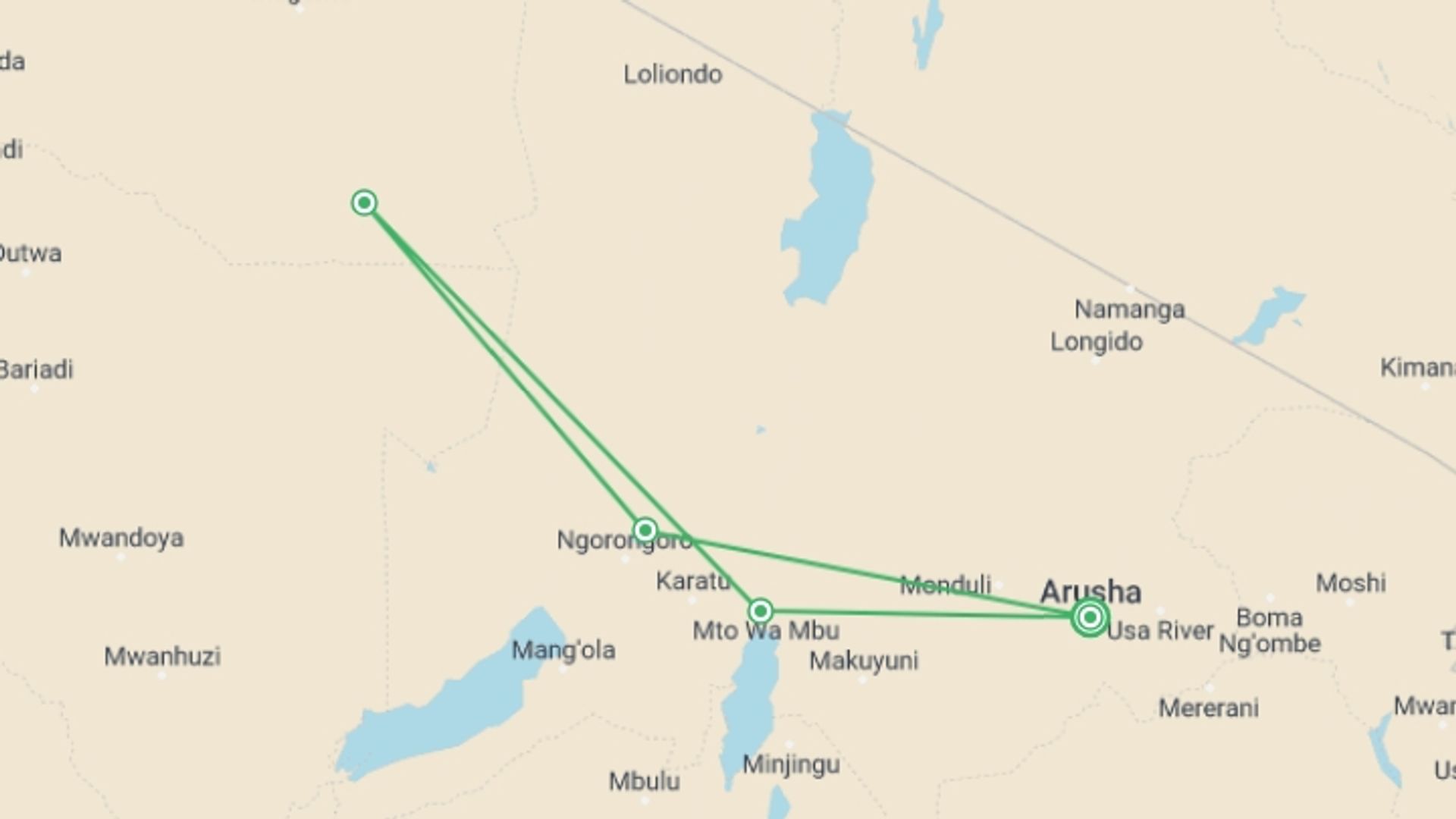A map showing the tour itinerary for the trip: 4 Day Tanzania Safari Lake Manyara, starting in Arusha, Tanzania and ending in Arusha, Tanzania going through 3 other destinations.