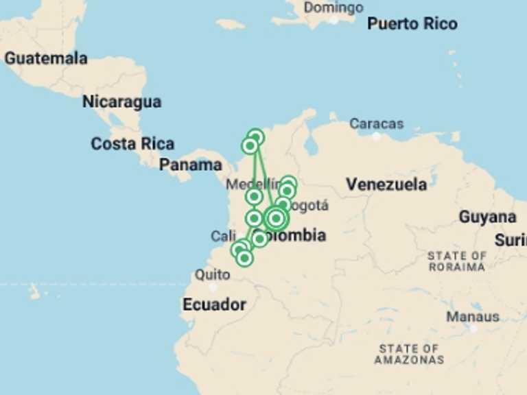Map of South America Art and architecture Tour with 8 destination visits for the trip: Intense Colombia Tour