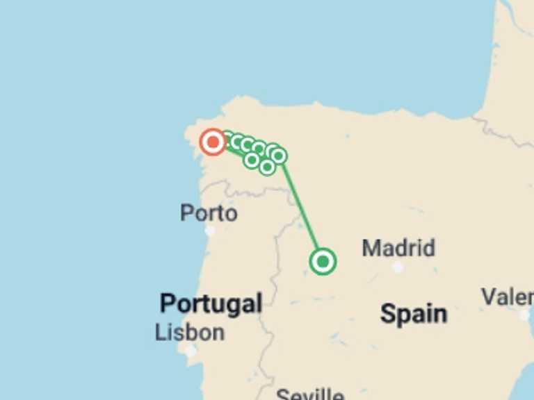 Map itinerary of Santiago De Compostela Tour in November 2025 with 8 destination visits for the trip: Camino - Pilgrims and Paradors