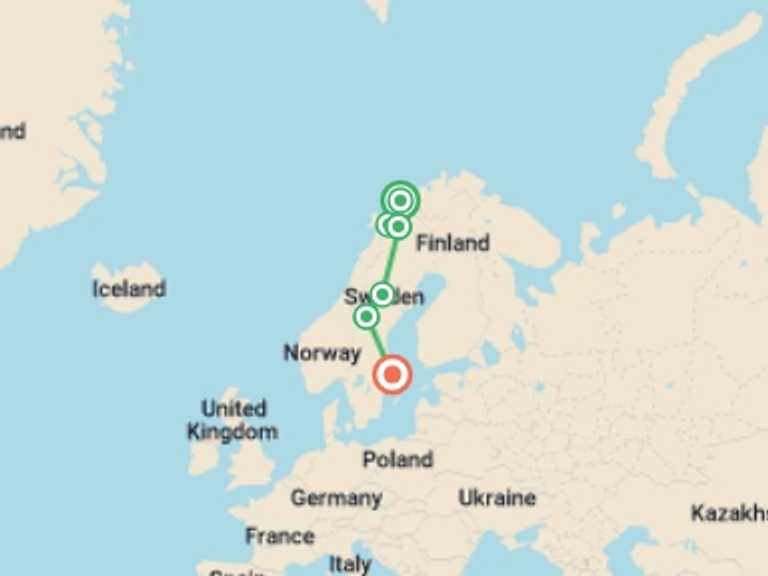 Map itinerary of Europe Tour in July 2026 with 5 destination visits for the trip: Northern Sweden by Rail