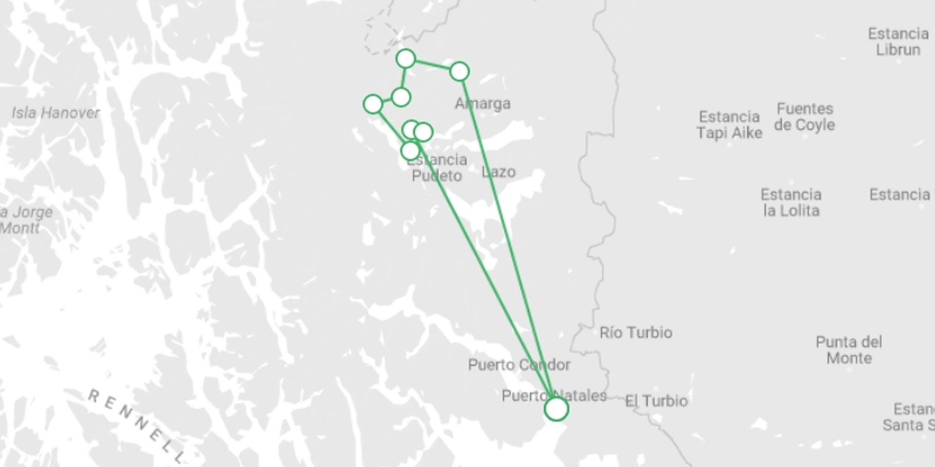 A map showing the tour itinerary for the trip: Torres del Paine O Trek 8D/7N (Self-Guided), starting in Puerto Natales, Chile and ending in Puerto Natales, Chile going through 8 other destinations.