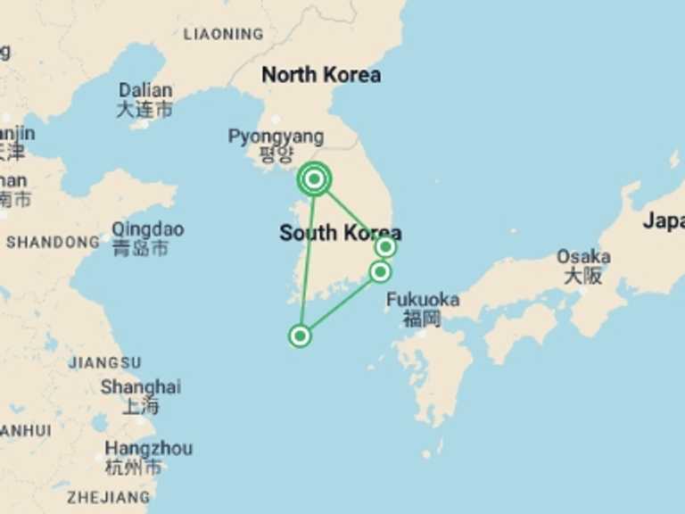 Map itinerary of South Korea Tour in Spring with 6 destination visits for the trip: 9-Day Korea Classic Tour with Jeju Island