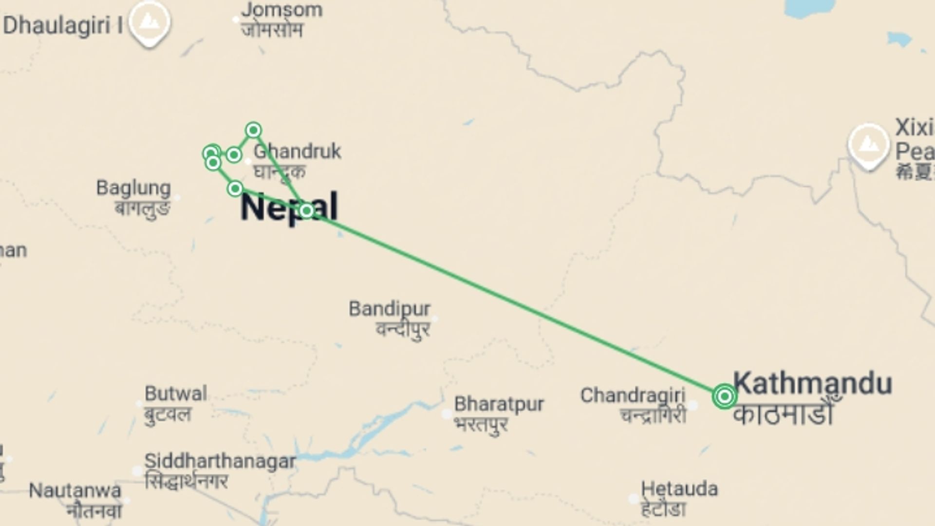 A map showing the tour itinerary for the trip: Annapurna Trek in Comfort, starting in Kathmandu, Nepal and ending in Kathmandu, Nepal going through 5 other destinations.
