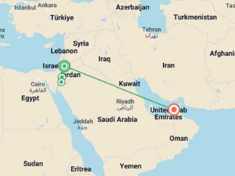 Map of 9-Day Petra Tour with 4 destination visits for the trip: Petra & Dubai