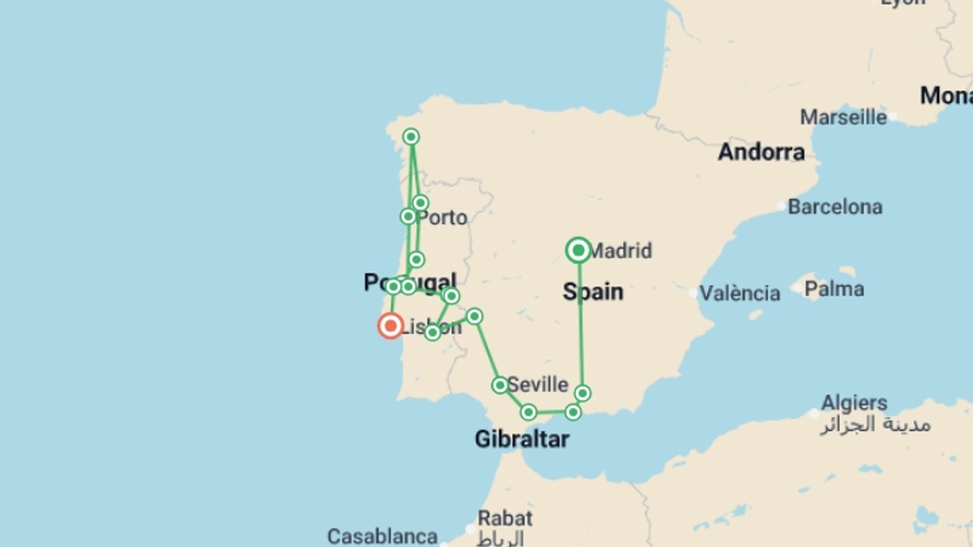 A map showing the tour itinerary for the trip: Andalusia and Portugal completely (Without Alhambra), starting in Madrid, Spain and ending in Lisbon, Portugal going through 6 other destinations.