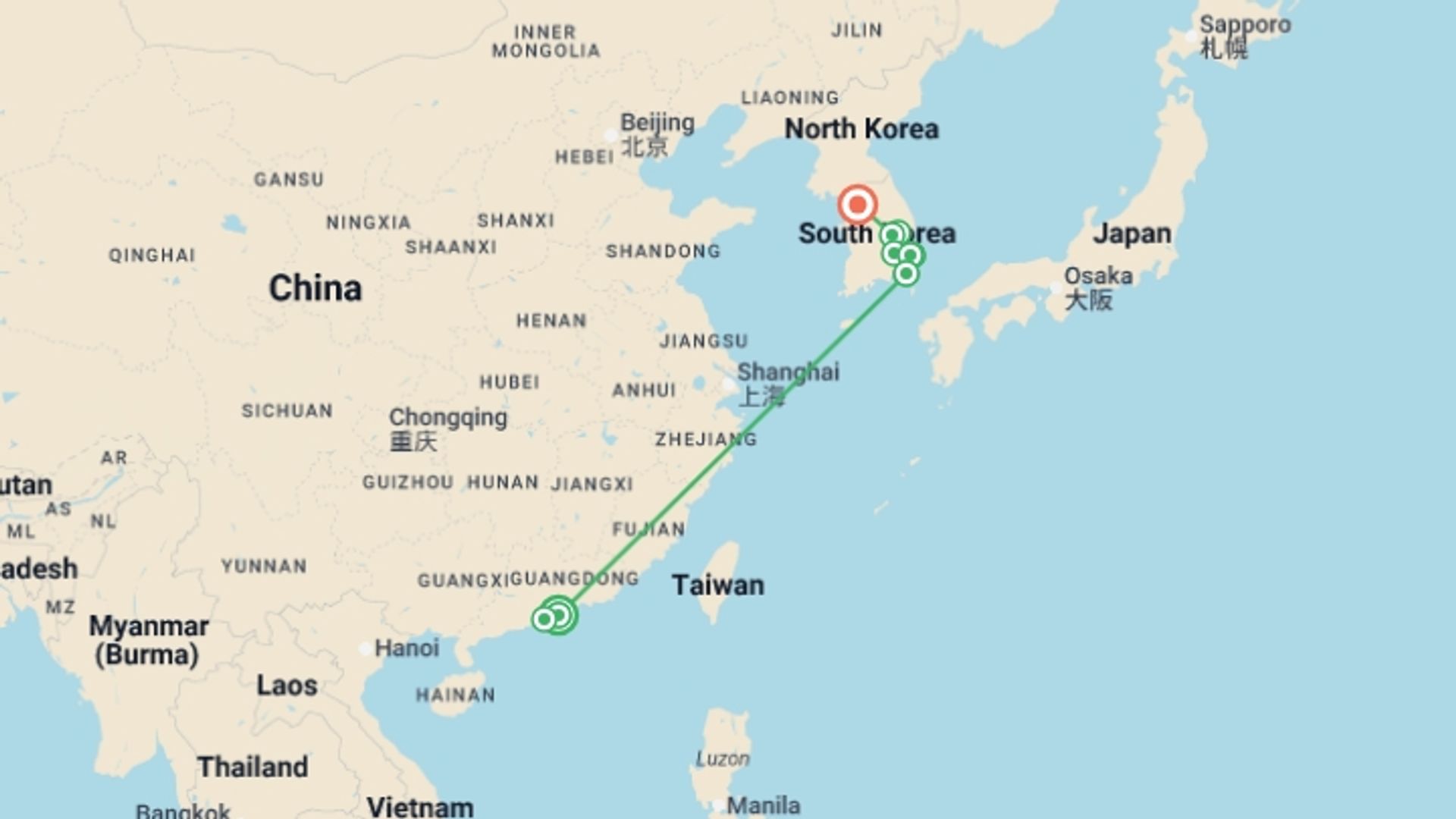 A map showing the tour itinerary for the trip: Macau, Hong Kong, and Korea, starting in Hong Kong, Hong Kong and ending in Seoul, South Korea going through 3 other destinations.