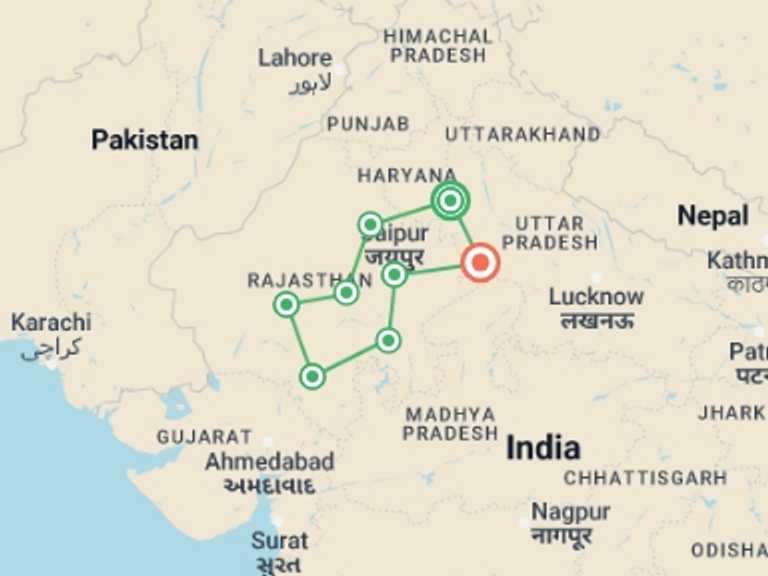 Map of 13-Day India Tour with 8 destination visits for the trip: Heritage of Rajasthan