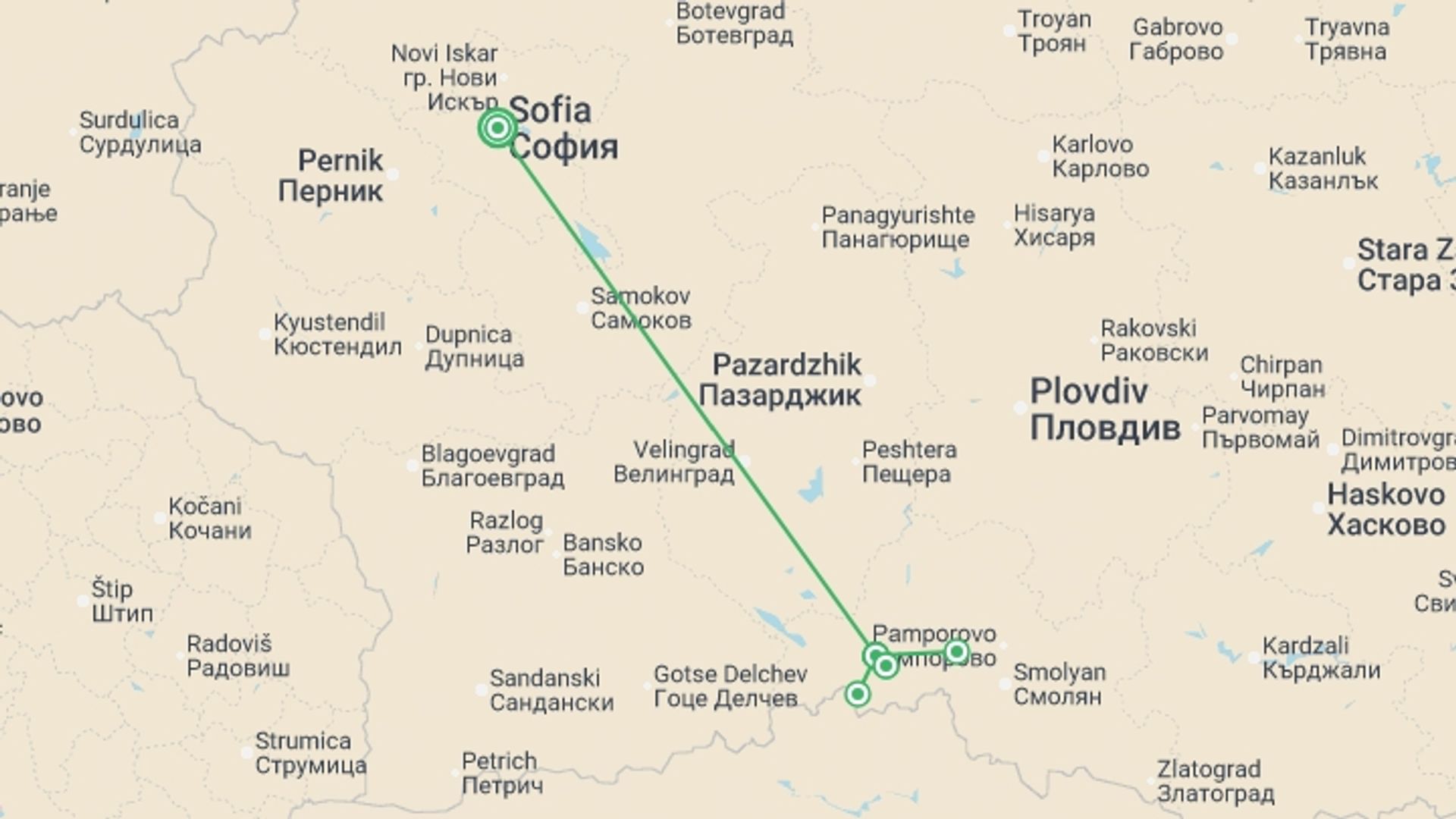 A map showing the tour itinerary for the trip: Hike Bulgaria's Rodopi Mountains, starting in Sofia, Bulgaria and ending in Sofia, Bulgaria going through 1 other destinations.