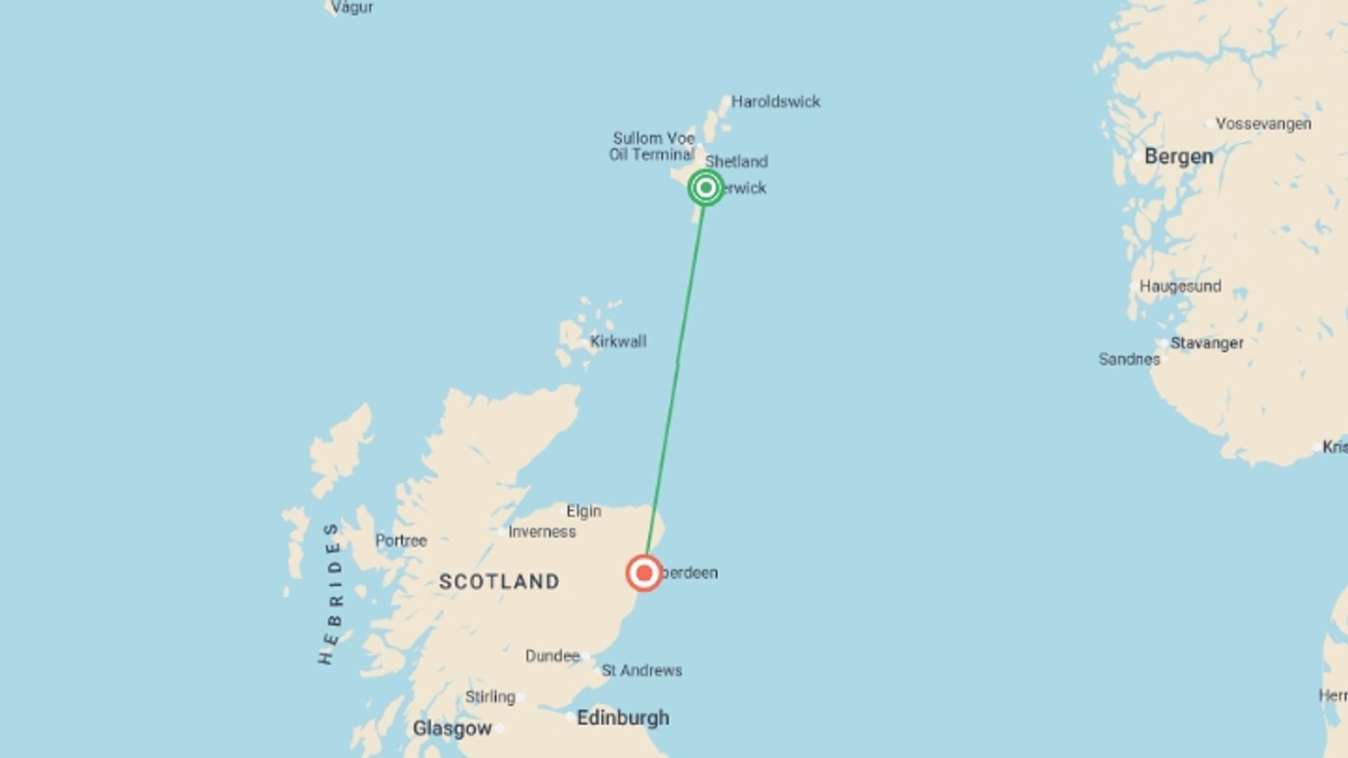 A map showing the tour itinerary for the trip: Scotland's Shetland Islands, starting in Lerwick, Scotland and ending in Aberdeen, Scotland going through 0 other destinations.