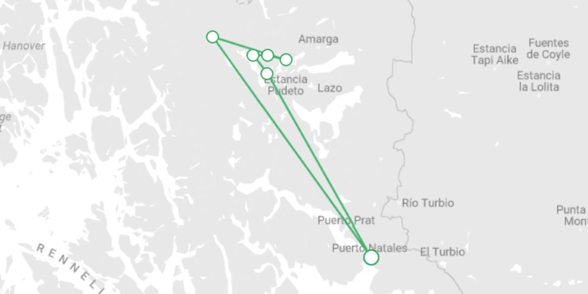 A map showing the tour itinerary for the trip: Classic W Circuit in Torres del Paine, starting in Puerto Natales, Chile and ending in Puerto Natales, Chile going through 5 other destinations.