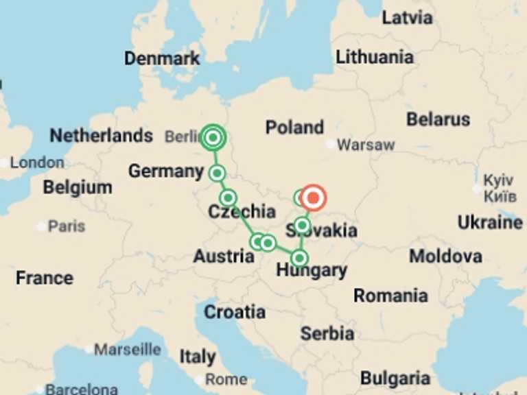 Map of Europe Tour with 5 destination visits for the trip: Majestic Cities of Central & Eastern Europe featuring Berlin, Prague, Vienna, Budapest & Krakow