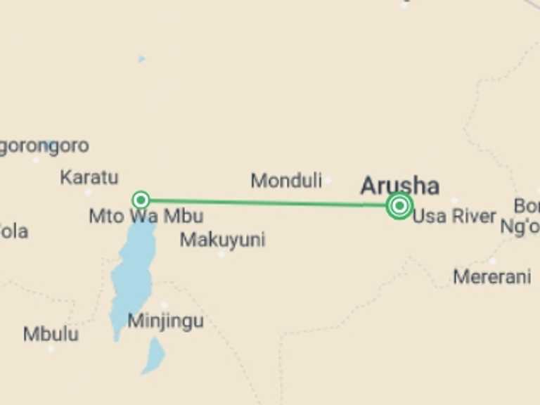 Map itinerary of Ngorongoro Conservation Area Tour in October 2025 with 3 destination visits for the trip: 2-Day Tanzania Camping Safari