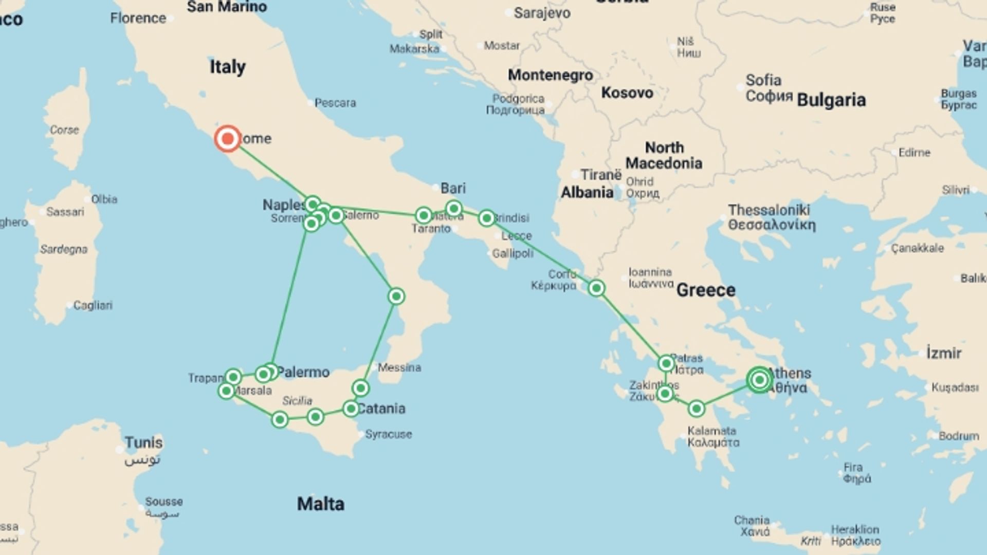 A map showing the tour itinerary for the trip: Athens, Peninsula and Complete Sicily, starting in Athens, Greece and ending in Rome, Italy going through 7 other destinations.