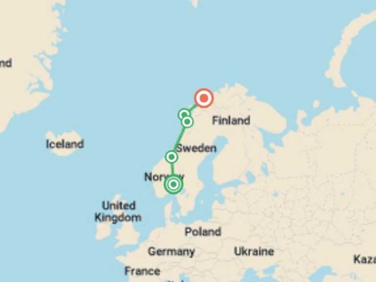 Map of 9-Day Scandinavia Tour with 4 destination visits for the trip: Northern Norway Explorer