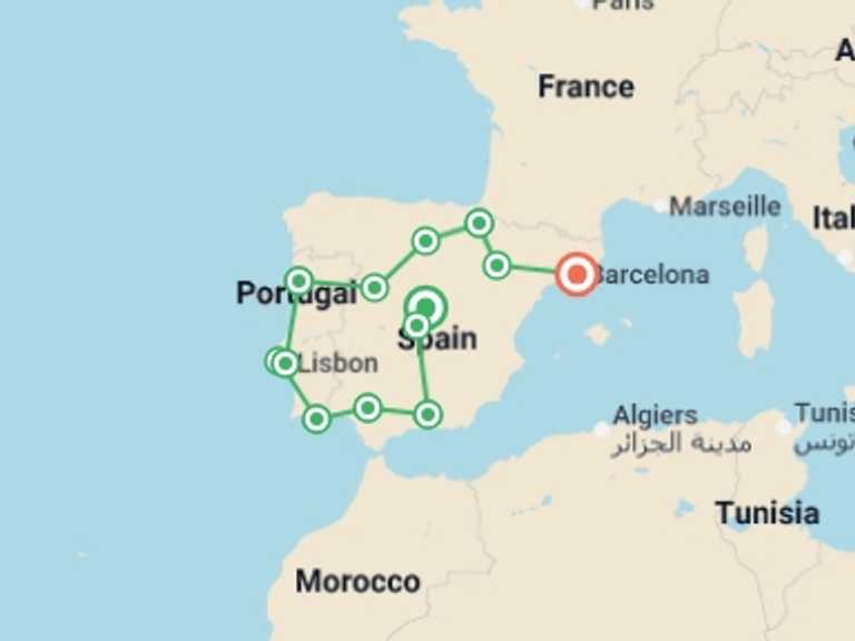 Map itinerary of Spain Tour in Spring with 9 destination visits for the trip: Madrid to Barcelona