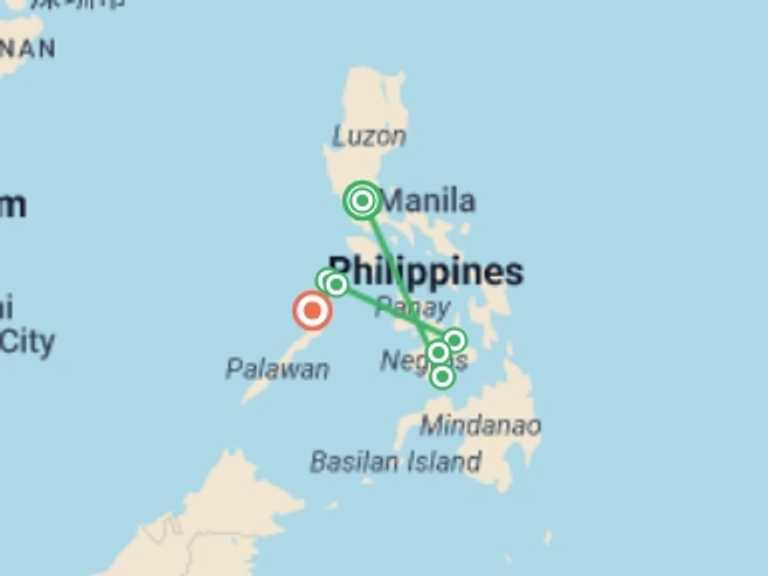 Map of a Active and outdoor Tour with 7 destination visits for the trip: Philippines Island Explorer 13 day