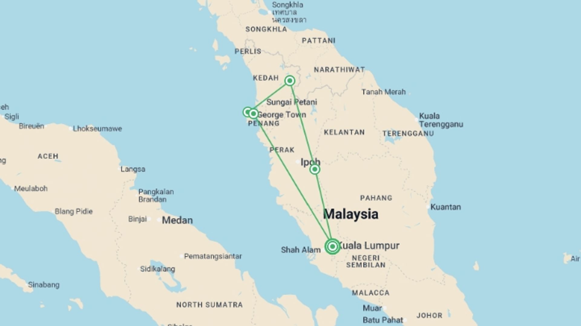 A map showing the tour itinerary for the trip: Malaysia Highlights, starting in Kuala Lumpur, Malaysia and ending in Kuala Lumpur, Malaysia going through 4 other destinations.