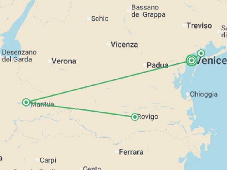 Map itinerary of Europe Tour in April 2027 with 4 destination visits for the trip: From Renaissance-infused Mantua to the Canals of Venice