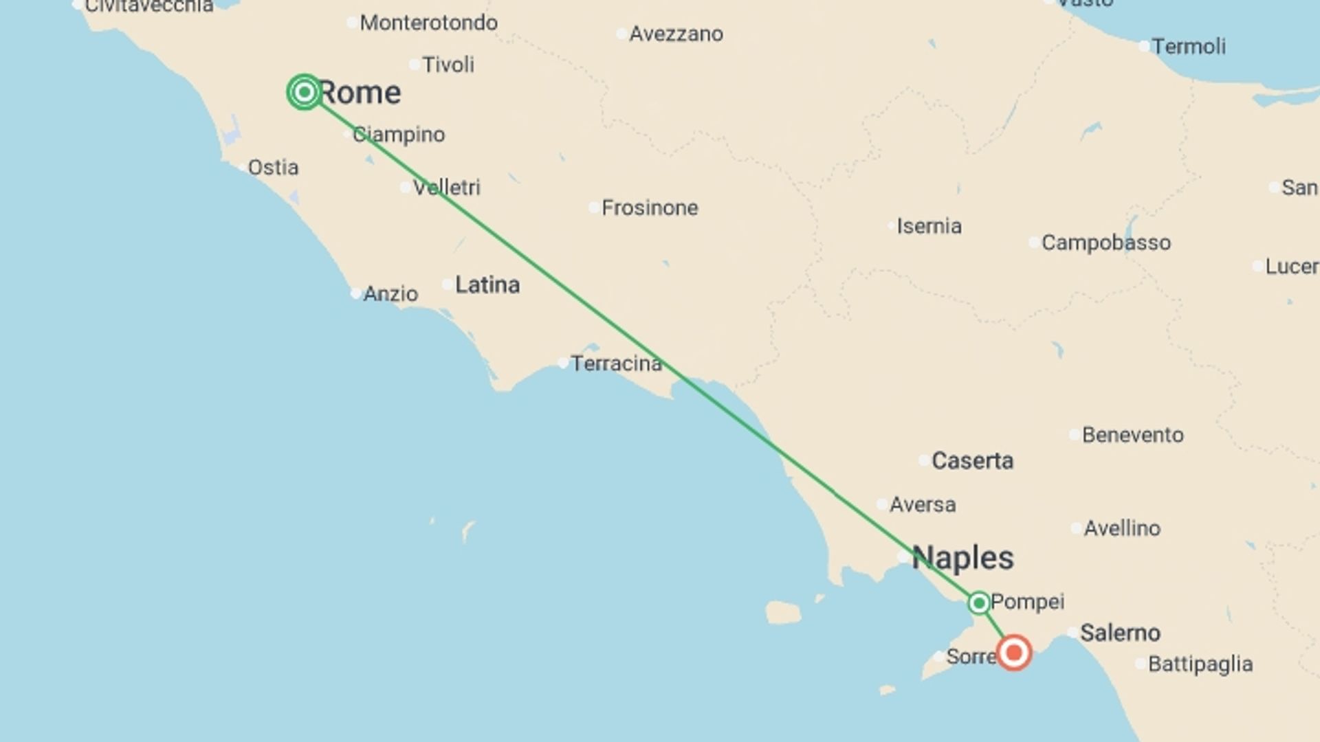 A map showing the tour itinerary for the trip: Rome, Sorrento & the Amalfi Coast , starting in Rome, Italy and ending in Amalfi Coast, Italy going through 1 other destinations.