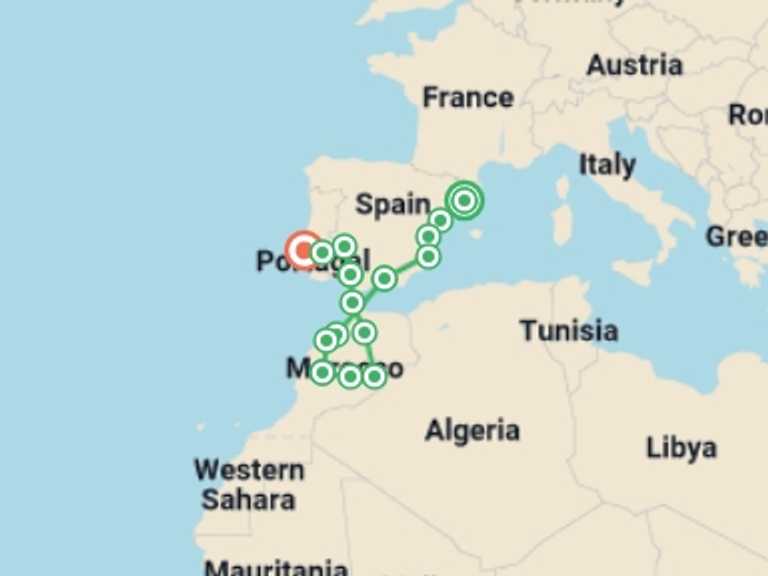 Map of Europe Tour with 12 destination visits for the trip: Spain, Morocco and Portugal end Lisbon