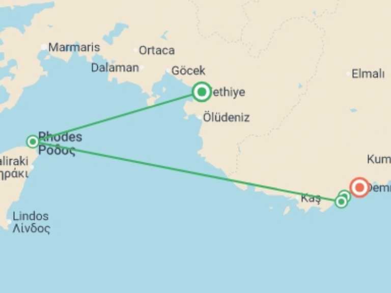 Map itinerary of Balkans Tour in June 2026 with 5 destination visits for the trip: Fethiye to Demre Cruise - 4 days