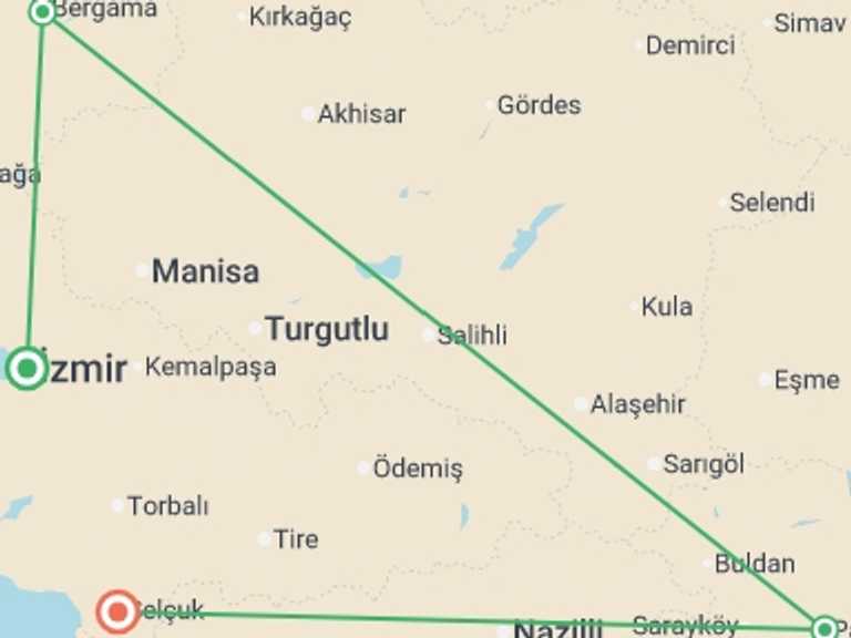 Map itinerary of Balkans Tour in October 2026 with 7 destination visits for the trip: 4-days Seven Churches Of Revelation