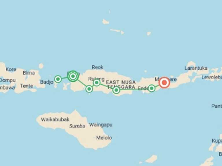 Map of Indonesia Tour with 8 destination visits for the trip: Komodo & Flores Adventure